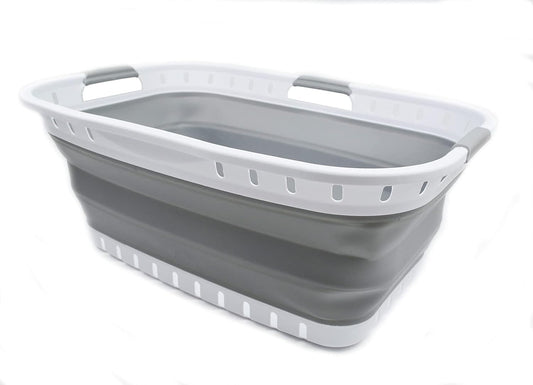 SAMMART 44L Collapsible Plastic Laundry Basket - Foldable Pop Up Storage Container/Organizer - Portable Washing Tub - Space Saving Hamper/Basket (1, White/Grey), Size: 25.4 x 17.3 x 10.2 inches