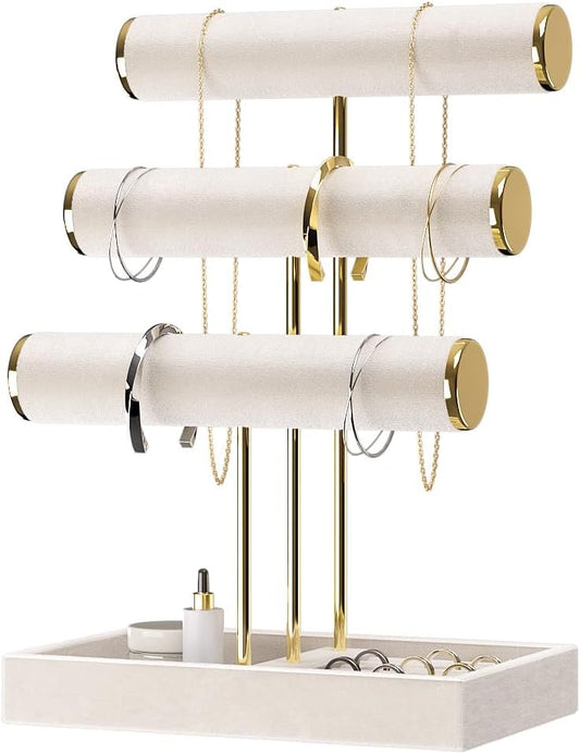 3 Tier Bracelet Holder Display,Jewelry Holder Organizer with Velvet Crossbar and Metal Frame,Necklace Earring Bracelet Display Holder for Women (Beige)