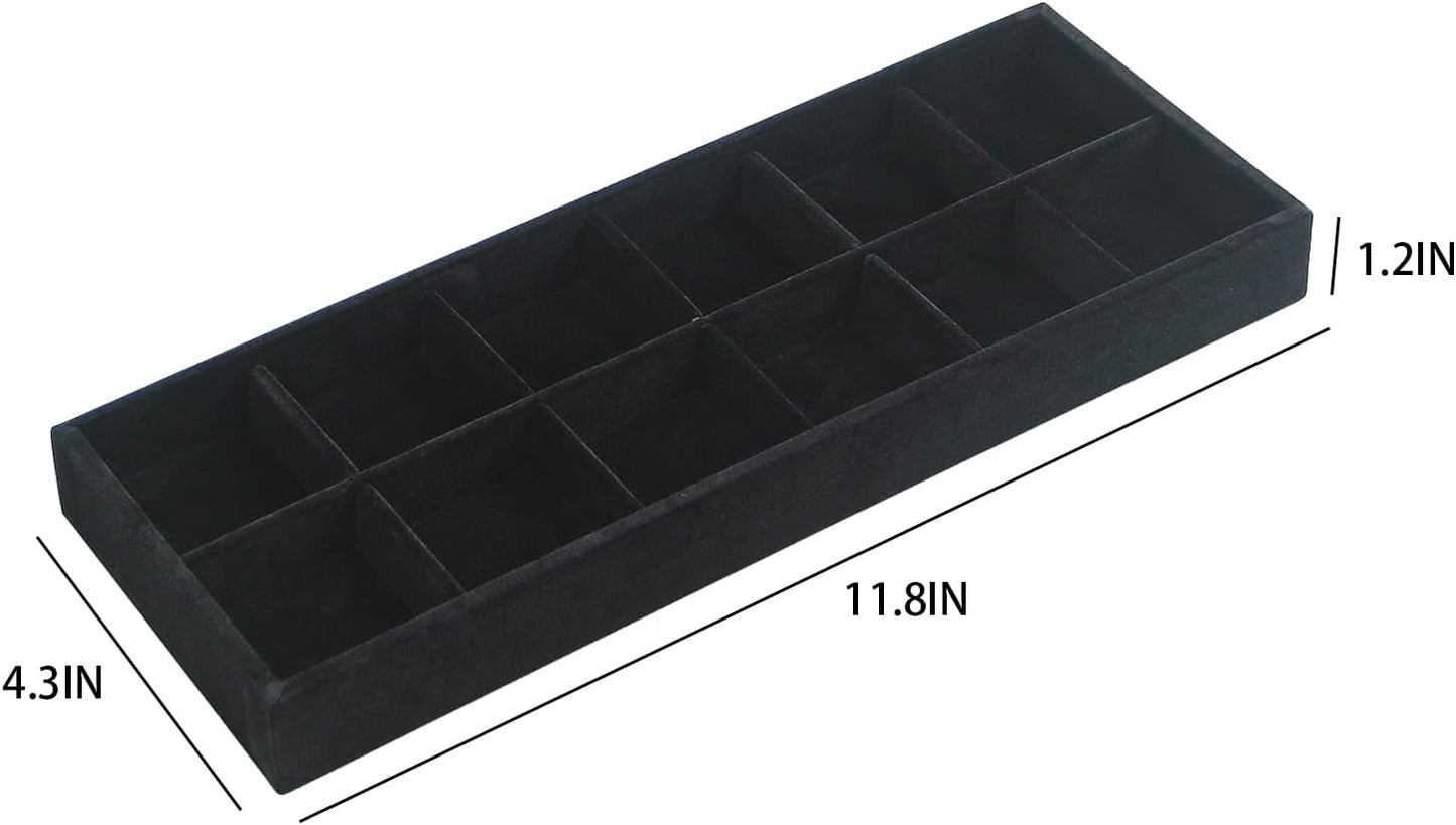Divided Drawer Organizer, Velvet Jewelry Storage Tray for Necklace, Bracelet, Ring, Earring Display - Bedside Nightstand Desk Holder for Phone, Watch, Sunglasses, Cosmetics Storage/Black/12grid
