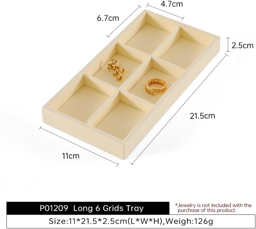 Dark Blue Jewelry Display Tray Ring Necklace Earring Bangle Organizer Multifunctional Storage Case for Jewelry Showcase (Long 6 Grids Tray(beige))