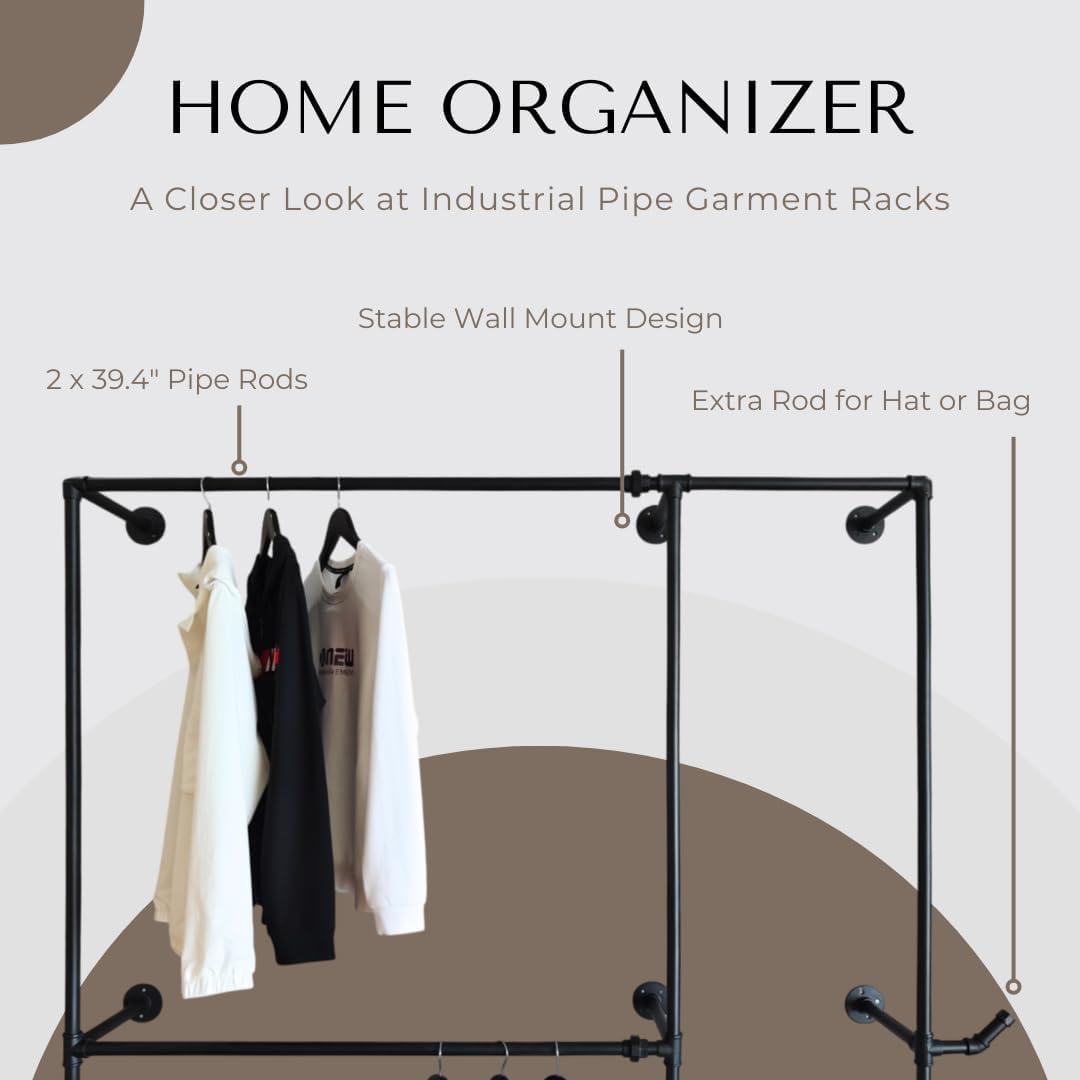 Industrial Pipe Clothing Rack, Heavy Duty Wall Mounted Clothes Rack, Retail Display Hanging Garment Rod for Laundry Rooms, Closet Storage, 14.6x62.5x82.7 Inches, Model AF01