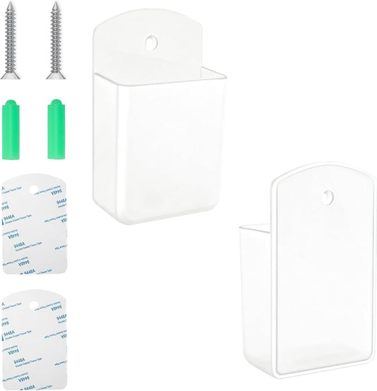 2Pcs Remote Holder Wall Mount, White Remote Control Holder for AC TV, Wall Mount Box Organizer with Self Adhesive and Screws for Home Office Storage