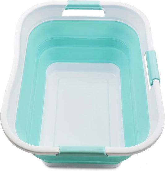 SAMMART 30L (8 gallon) Collapsible Plastic Laundry Basket - Foldable Pop Up Storage Container/Organizer - Portable Washing Tub - Water Capacity 24L(6.3 gallon) (1, White/Lake Green)