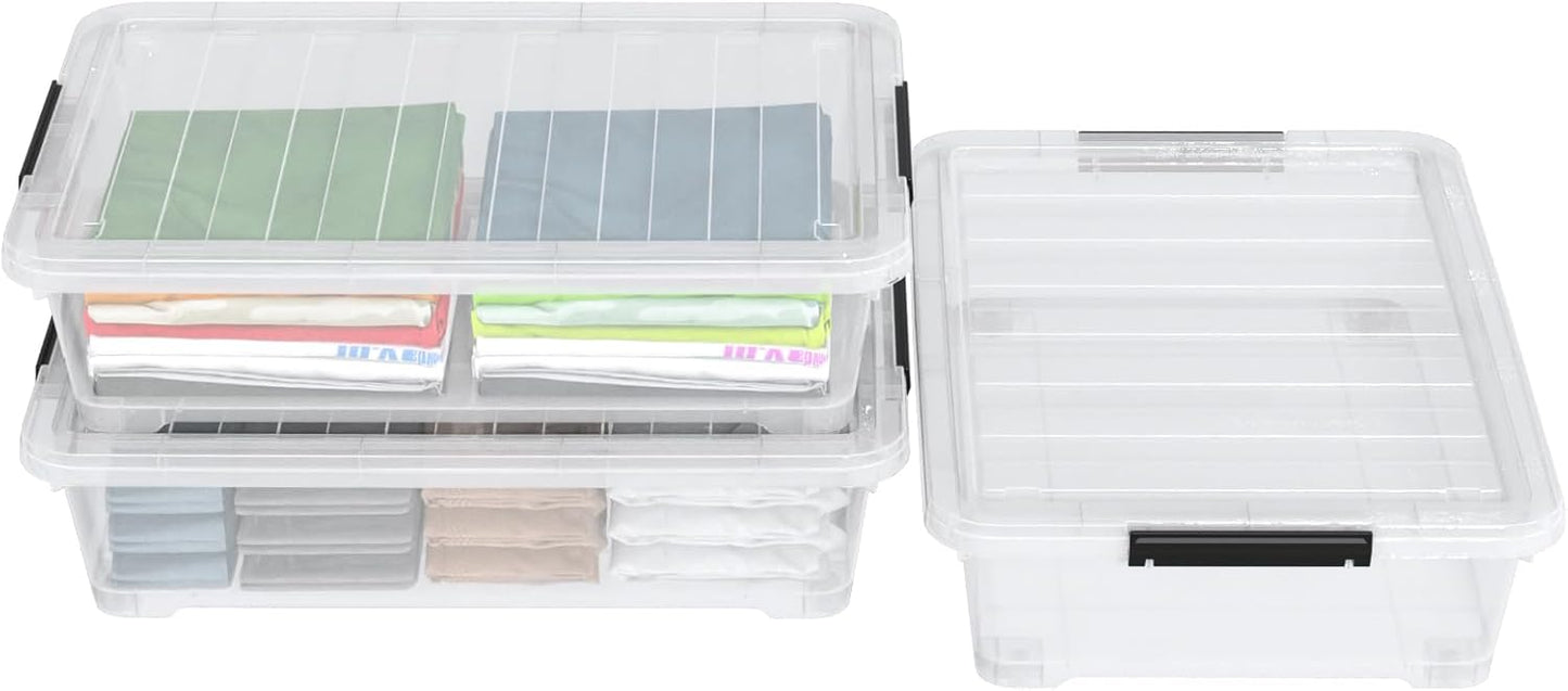 40 Quarts Clear Stackable Underbed Box, Shallow Underbed Bins with Wheels Set of 3
