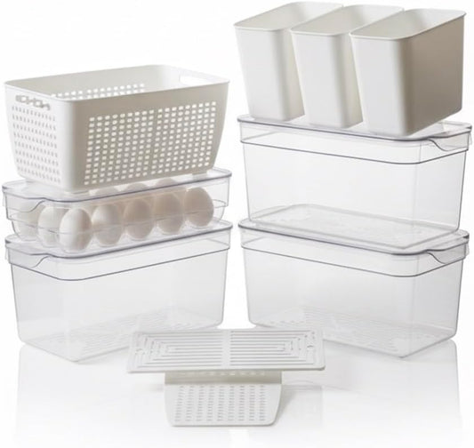 Clear Stackable Storage Containers with Lids BPA-Free Organizer Bins for Refrigerator Pantry Fridge Drawer with Colander and Dividers for Kitchen Food Preservation and Home Organization BPA Free