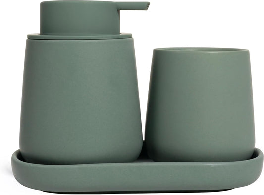 INGOFIN 3 Pcs Ceramic Bathroom Accessory Set - Liquid Soap Dispenser, Toothbrush Holder & Tray, Bathroom Counter Set, Countertop Essentials for Home, Guest Bathroom, or Office Use, Matte Green