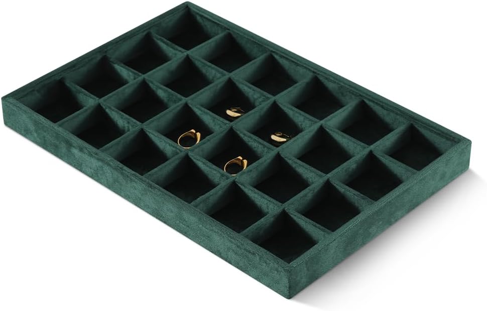 Velvet Stackable Jewelry Display Tray, 24 Grid Earring Ring Storage Tray, Drawer Divider Jewelry Accessories Organizer Plate (Green)