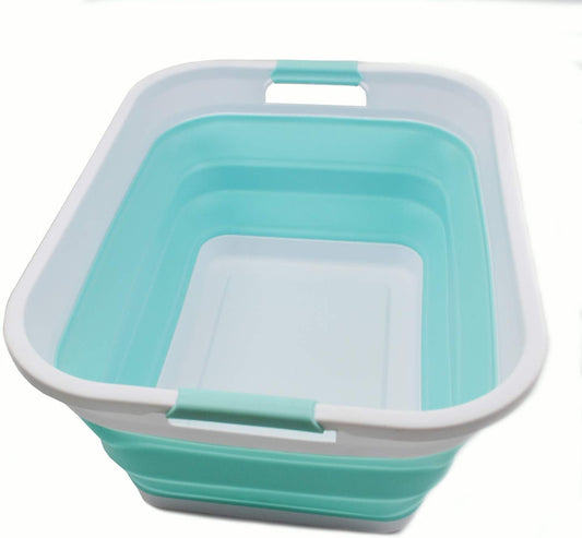 SAMMART 41L (10.8 gallon) Collapsible Plastic Laundry Basket-Foldable Pop Up Storage Container/Organizer-Portable Washing Tub, Water capacity: 32L (8.4 gallon) (Rectangular, White/Lake Green)