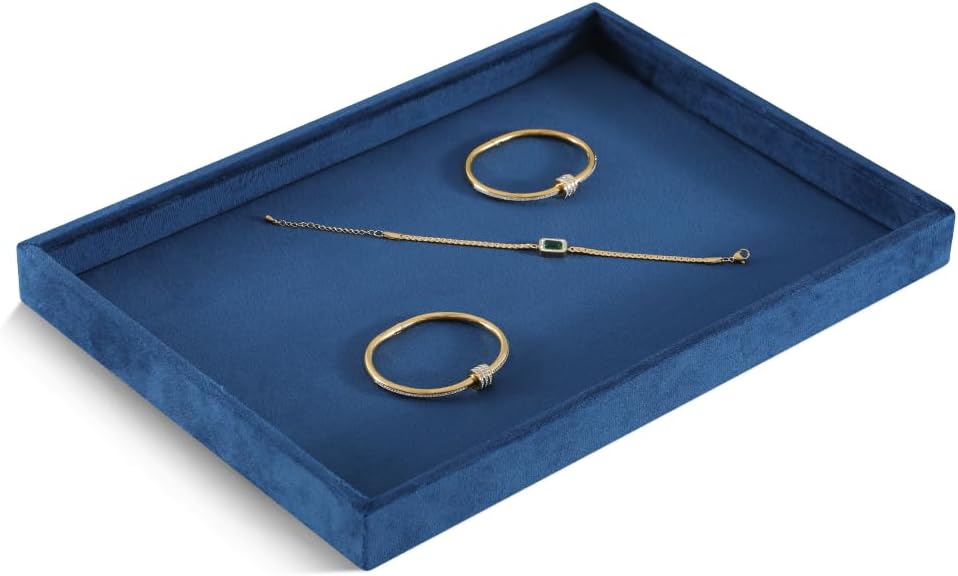 Velvet Stackable Jewelry Display Flat Tray For Ring Earring Necklace Bracelet, Bangle Pendant Storage Blank Plate, Shop Countertop Jewelry Dish Organizer (Blue)