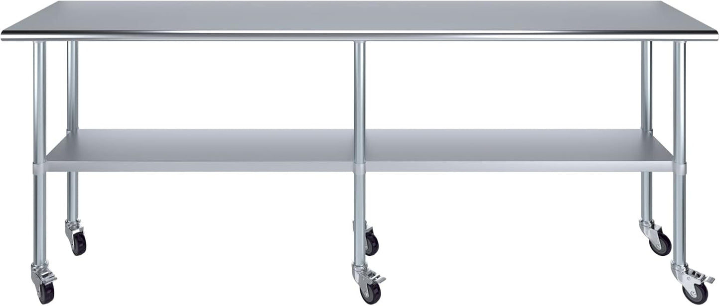 AmGood Stainless Steel Work Table with Casters | Heavy Duty Metal Utility Table On Wheels | Kitchen Island Cart (96" Long x 18" Deep)