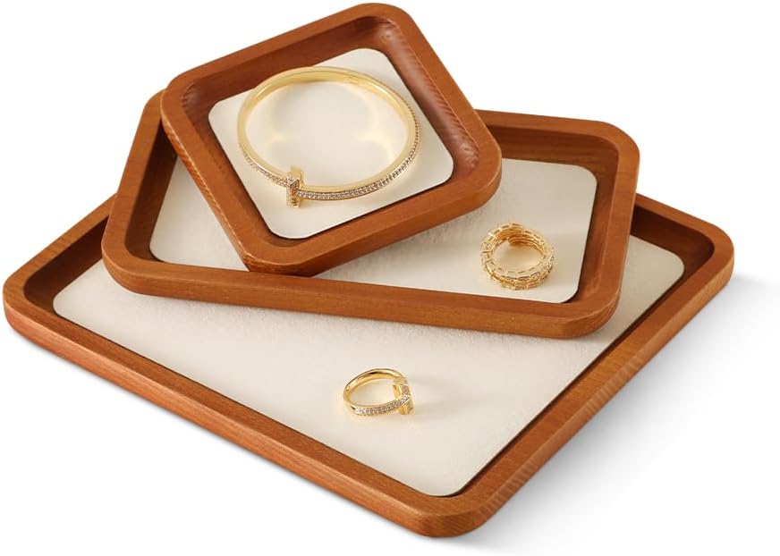 Wooden Jewelry Display Tray Rounded Rectangle Ring Showcase Stackable Elegant Bracelet Watch Jewelry Organizer for Personal Use and Commerce (Old Lace, Small-W 3.9'' x H 0.6'' x L 3.9'')