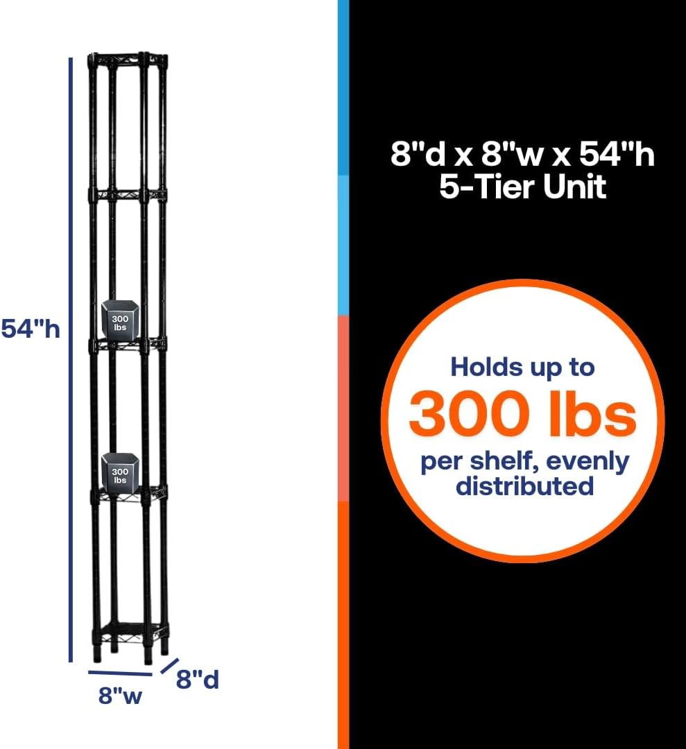 Shelving Inc. 8" d x 8" w x 54" h Black Wire Shelving with 5 Tier Shelves, Weight Capacity 300lbs Per Shelf