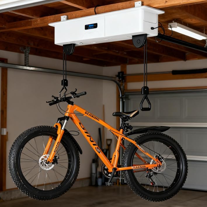 Electric Bike Ceiling Hoist Lift, 50 lbs Capacity, Motorized Dual-Point Garage Bike Storage with Remote Control, Automatic Brake & Safety Limit Switch, Easy Install for Mountain & Road Bikes