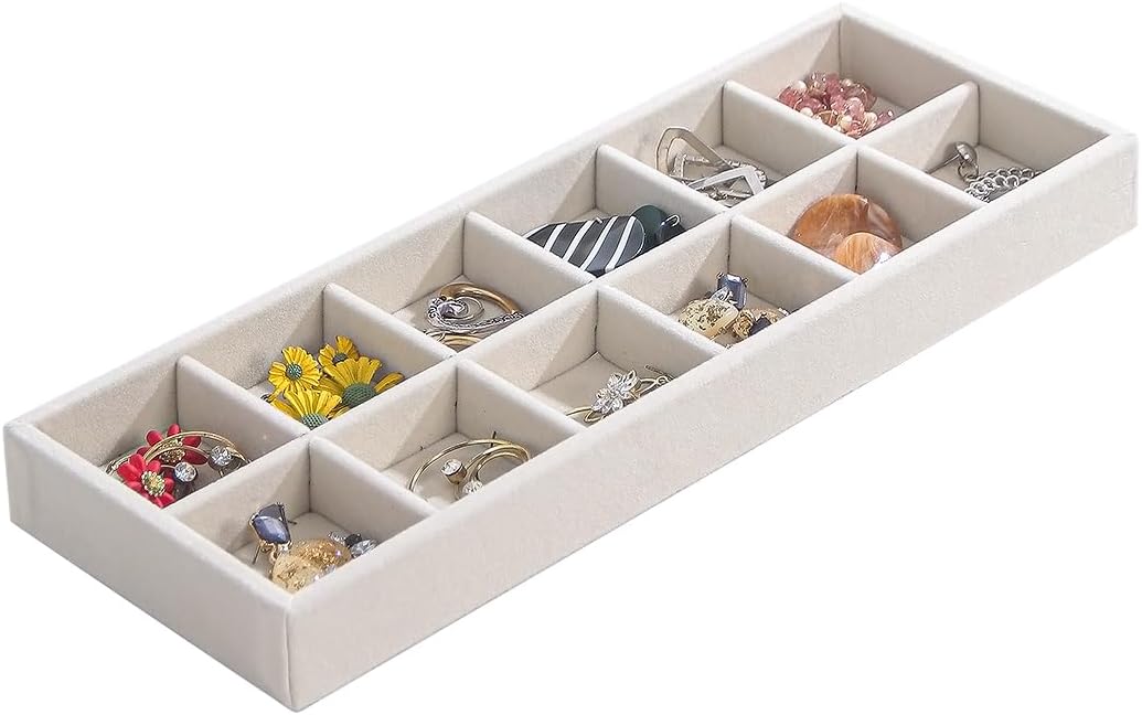 Divided Drawer Organizer Tray, Velvet Jewelry Storage Tray, Necklace Bracelet Ring Earring Display Tray,Bedside Nightstand Desk Holder Tray for Phone Watch Sunglasses Cosmetics Storage/Beige/12grid