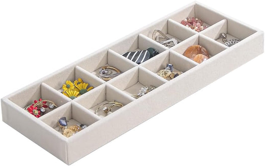 Divided Drawer Organizer Tray, Velvet Jewelry Storage Tray, Necklace Bracelet Ring Earring Display Tray,Bedside Nightstand Desk Holder Tray for Phone Watch Sunglasses Cosmetics Storage/Beige/12grid