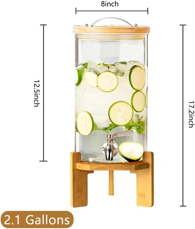 Beverage Dispenser, 2.1 Gallon Glass Drink Dispenser with Stand, Glass water dispenser with Spigot, Large Drink Dispensers for Parties,Bars,Restaurants, 8L