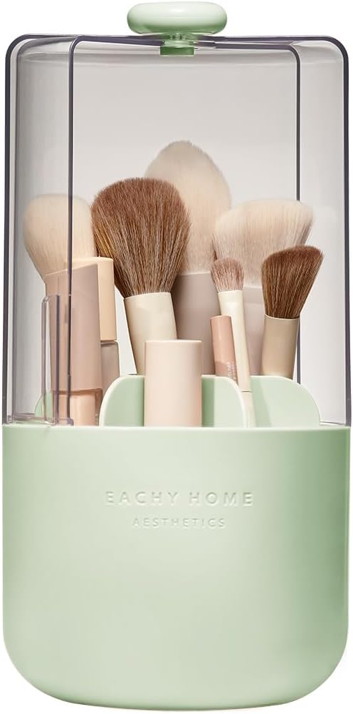 EACHY Makeup Brush Holder 360° Rotating with Dustproof Lid, Waterproof Material, 7 Compartments for Organized Storage, Stylish and Durable Design for Vanity (Green)