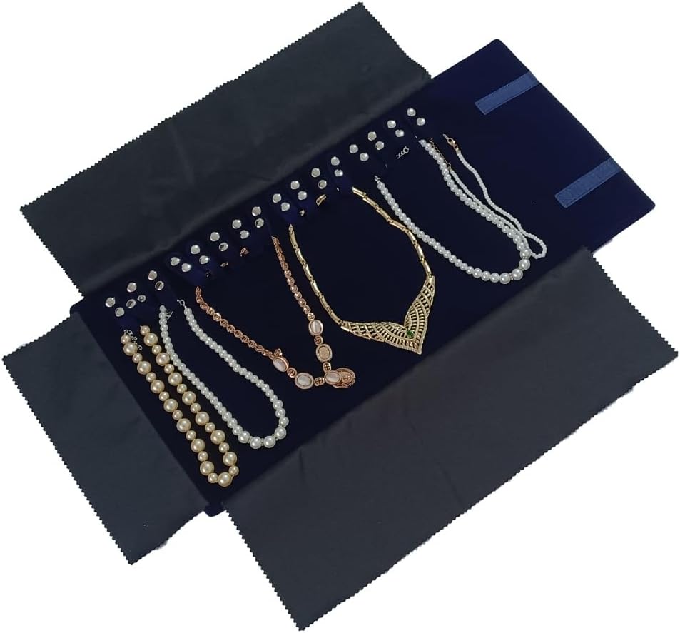 Velet Travel Jewelry Case Roll Bag Organizer for Necklace Bracelet Black Gray Velvet (Blue)