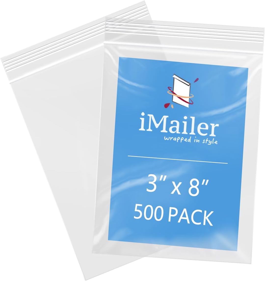 iMailer - 3" x 8" 500 Pack- 2 Mil Resealable Zip Bags- Small Clear Plastic Bags for Storage, Organizing, Crafts, Snacks, Jewelry, Hardware