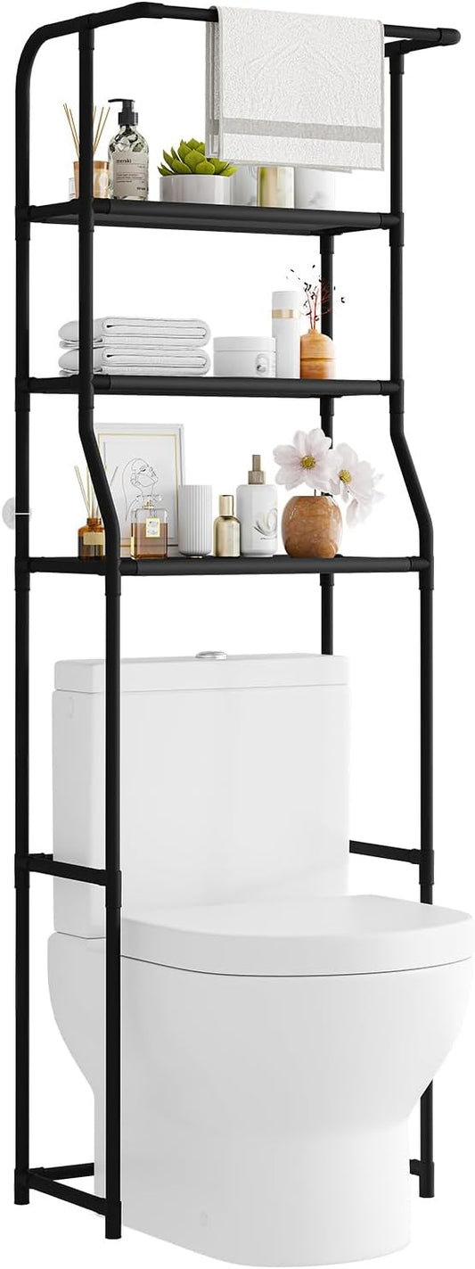 Over The Toilet Storage Shelf, 3-Tier Freestanding Bathroom Organizer with Towel Rack, Space Saver Cabinet Shelves Unit, Tall Slim Etagere for Bathroom, Modern Metal Furniture (Black)