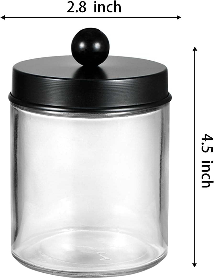 Amolliar 6Pc Apothecary Jars Bathroom Vanity Organizer- Rustic Farmhouse Decor Storage Canister with Stainless Steel Lids- Qtip Dispenser Holder for Q-Tips,Cotton Swabs,Rounds,Ball,Flossers (Black)
