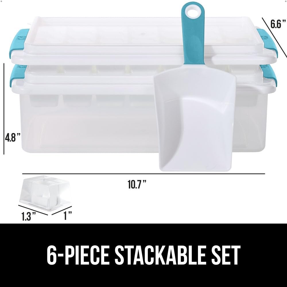 GORILLA GRIP BPA-Free Easy Release Ice Cube Tray for Freezer, Make Lots of Ice, 56 Cubes Total, Kit Includes 2 Stackable Leakproof Trays with Lid and Soft Handle Grips, Scooper, Bin, Turquoise