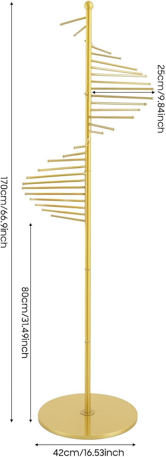 Freestanding Scarf Display Rack, Metal Spiral Scarf Holder with 30 Rods, Hijab Stand Belt Pants Hanger Organizer for Locker Room, Home, Office, Commercial Shopping Mall, Clothing Store (17X67in Gold)