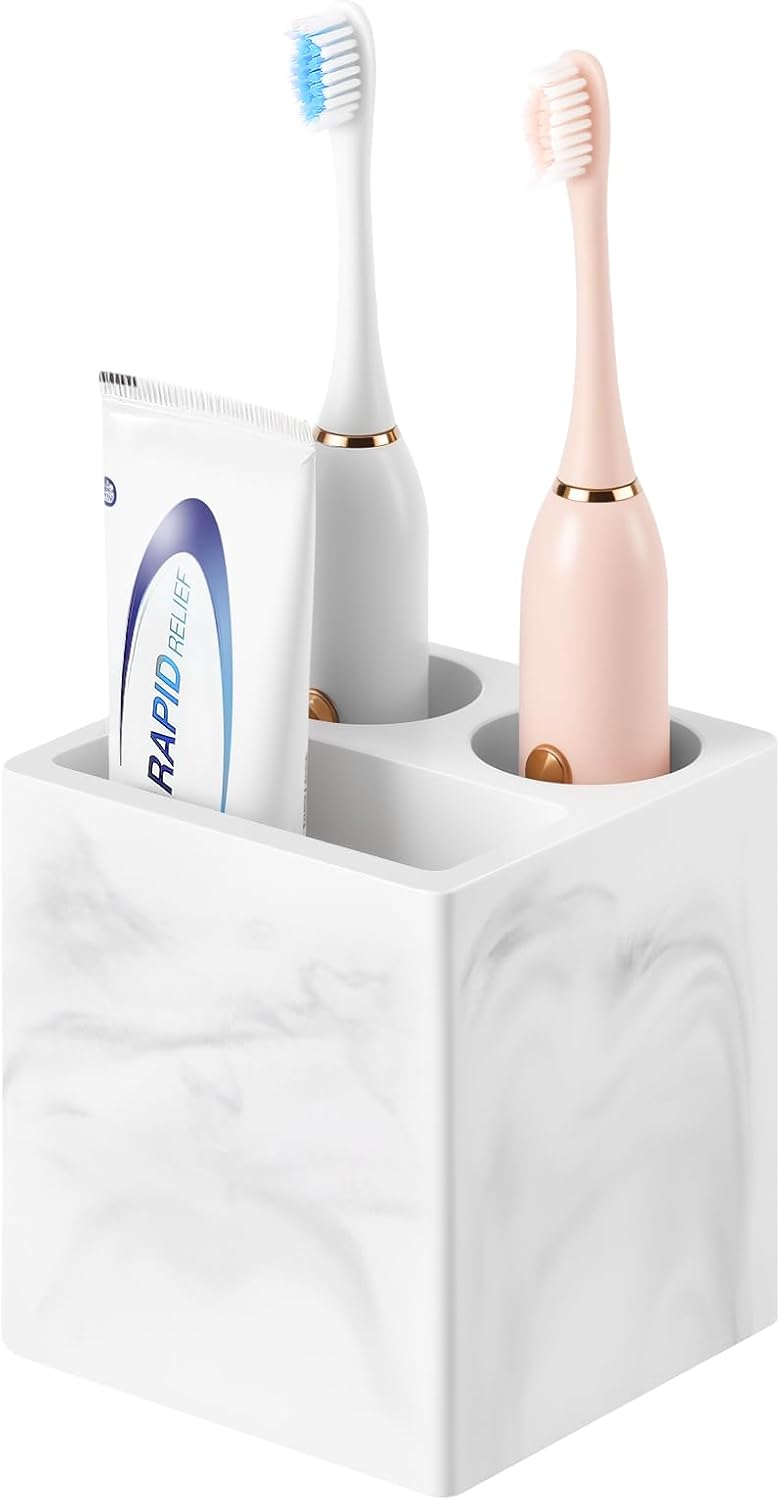 Luxspire Toothbrush Holder, 3 Slots Fast Drying Tooth Brush Holder for Bathroom, Diatomite Electric Tooth Brush and Toothpaste Organizer for Bathroom Kitchen Vanity Countertop, Marble White