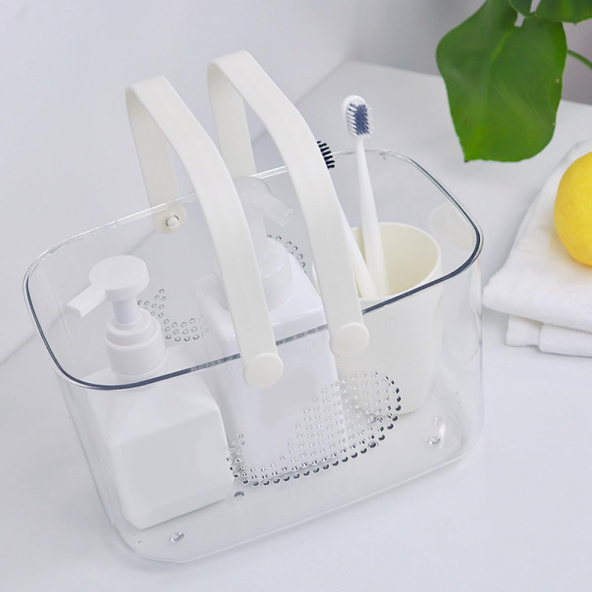 Ergonomic Handle Plastic Storage Basket Bathroom Organizer with Drainage Design Large Capacity Portable Caddy for Household Toiletries and Cleaning Supplies