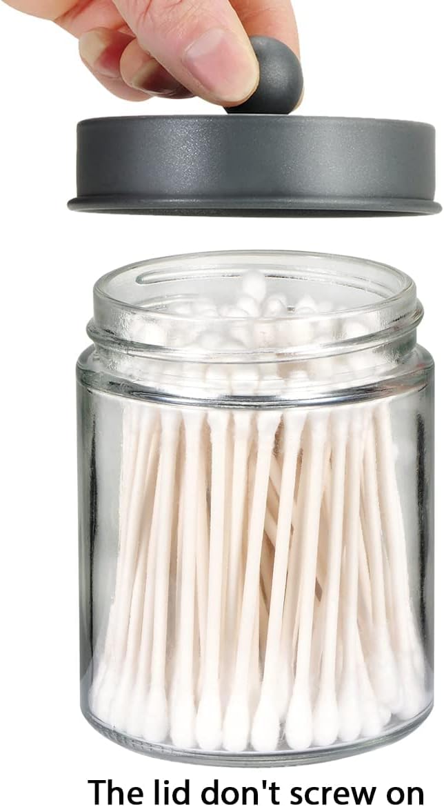 Amolliar 6Pc Apothecary Jars Bathroom Vanity Organizer- Rustic Farmhouse Decor Storage Canister with Stainless Steel Lids- Qtip Dispenser Holder for Q-Tips,Cotton Swabs,Rounds,Ball,Flossers (Grey)