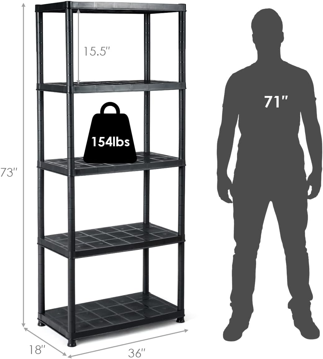 IRONMAX 5-Tier Garage Shelving Unit, Plastic Storage Rack with 4 Wall Brackets, Heavy Duty Shelf Organizer for Indoor and Outdoor, Black (1, 36”L X 18”W X 73”H)