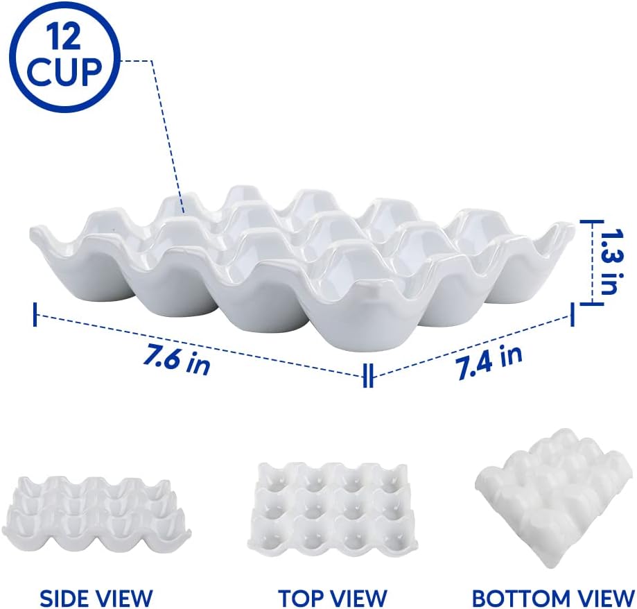 Ceramic Egg Tray Holder 12 Cups Whole Dozen Porcelain Eggs Container Crate Keeper for Countertop Kitchen Storage Fridge Decorative Serving Display