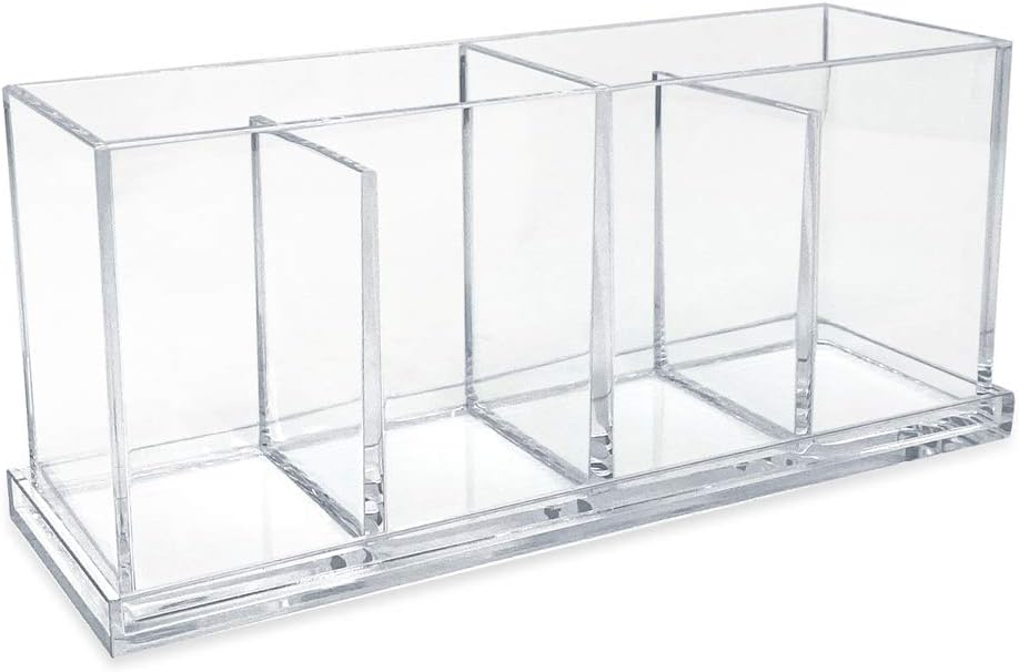 Isaac Jacobs 4-Compartment Clear Acrylic Organizer with Lid (9” L x 3” W x 4” H), Makeup Brush Holder, Sectional Tray, Storage Solution for Makeup, Crafts, Office Supplies & More (1, Clear)