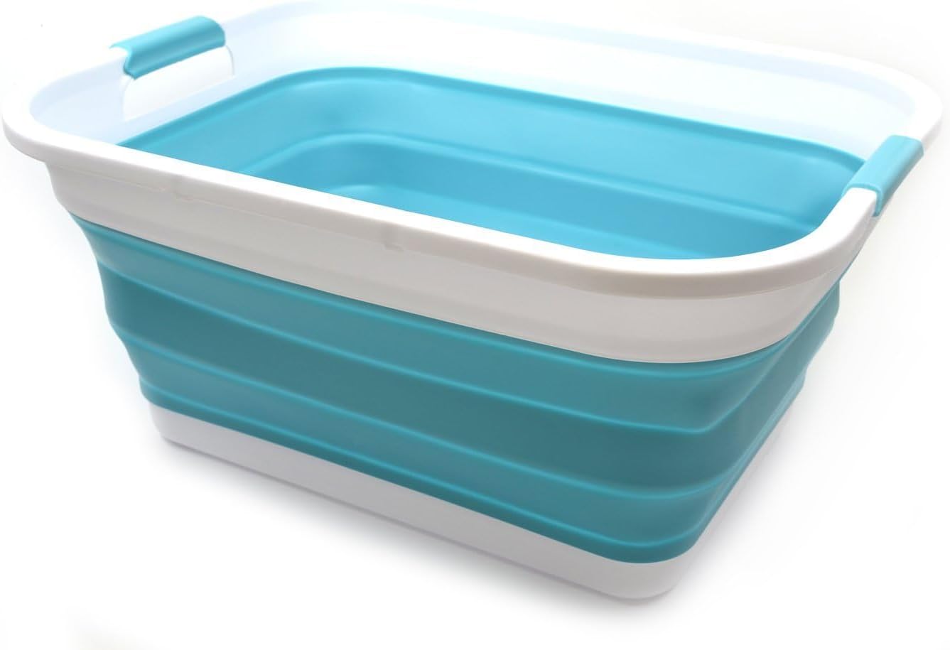 SAMMART 41L (10.8 gallon) Collapsible Plastic Laundry Basket-Foldable Pop Up Storage Container/Organizer-Portable Washing Tub-Space Saving, Water capacity: 32L (8.4 gallon) (Rectangular, Bright Blue)