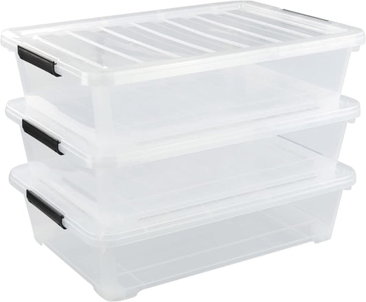 Morcte 40 Quart Plastic Underbed Storage Boxes, Clear Under Bed Plastic Storage Bin with Wheel, 3 Pack