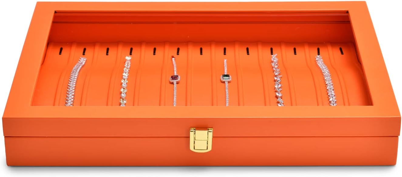 Oirlv Premium Leather Necklace Bracelet Organizer Tray with Acrylic Lid Jewelry Display Case Drawer Insert Jewelry Organizer for women
