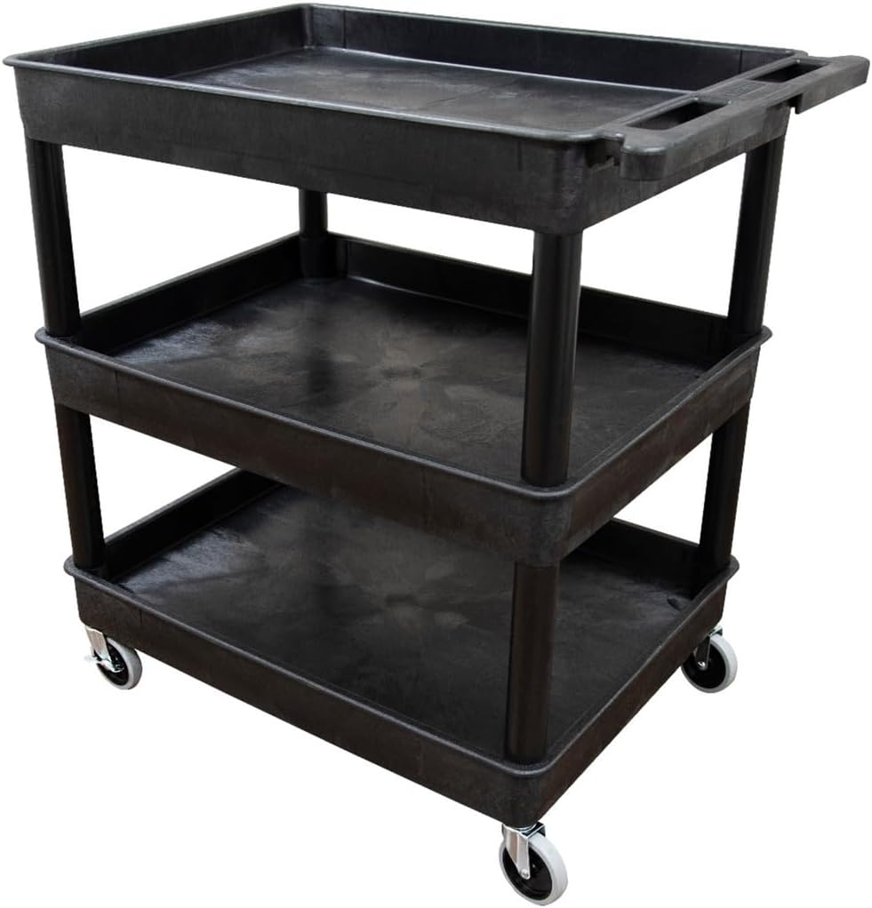 Stand Steady Tubstr Large 3 Shelf Utility Cart | Heavy Duty, Black HDPE & PVC, Holds Up to 300 lbs. | Storage & Rolling Tool Cart for School, Office, Garage & Warehouse
