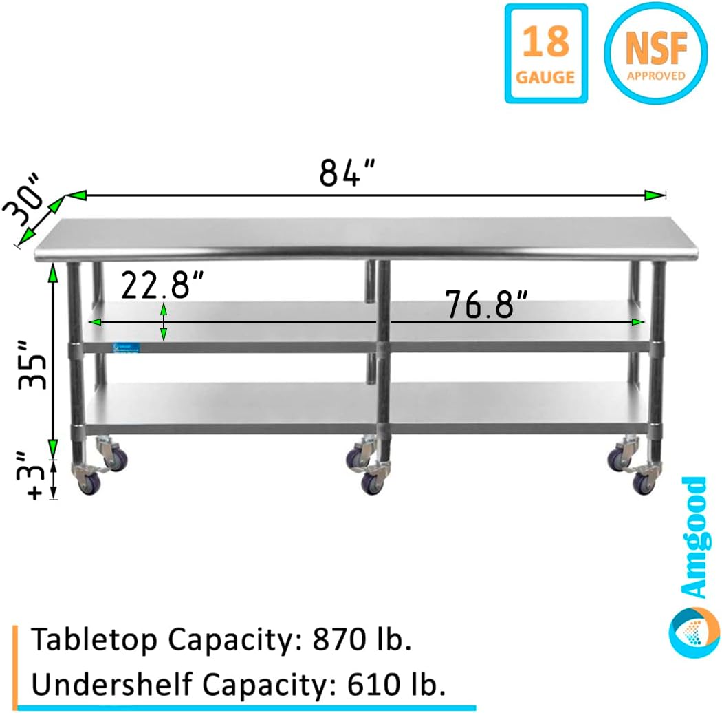 AmGood Stainless Steel Work Table with 2 Shelves and Casters | Metal Utility Table On Wheels (Stainless Steel, 84" Long x 30" Deep)
