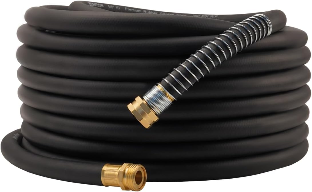 WiseFlow Garden Hose 75FT x 5/8", Heavy Duty Rubber Hose, Water Hose with Five Layered Braiding, Male Female Fittings, 1000PSI Burst, 300PSI Working (Black)