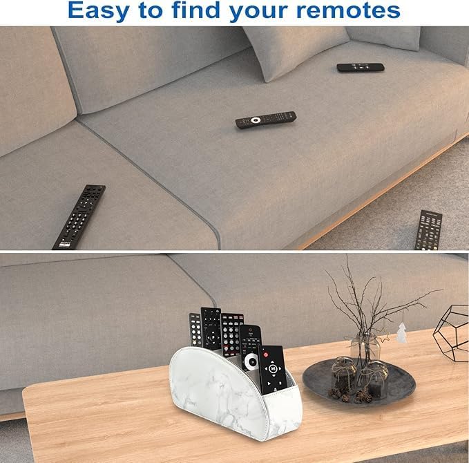 Remote Control Holder with 5 Compartments – [Upgrade Version] PU Leather Remote Caddy Desktop Organizer Store TV, DVD, Blu-Ray, Media Player, Smart Phones, Heater Controllers(Marble white)