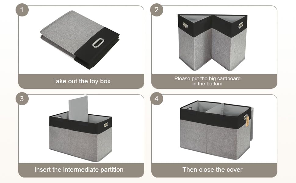 Large Toy Box with Flip-Top Lid, Collapsible Storage Organizer Bins with Dividers and Handles, Kids Bin Chest Baskets for Toys, Playroom Organizers, Nursery 25"x13" x16" (Balck & Gray)