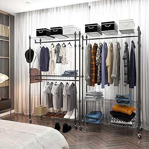 BATHWA Rolling Garment Rack with Adjustable Wire Shelf, 3 Tired Clothes Rack including 1 Clothes Hanging Bar, 1 Roating Hanger Hooks - Hold Up to 400Lbs (Black, 1Rod 1Hook)