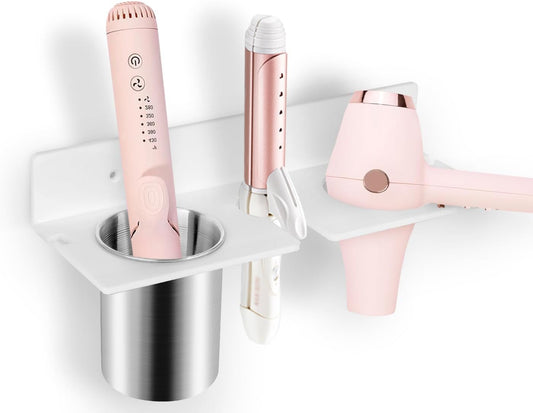 Hair Tool Organizer, Hair Dryer Holder with Heatproof Steel Cups, Acrylic Vanity Organizer for Curling Iron, Flat Iron & Hair Brushes, Perfect for Bathroom (White, Compact)