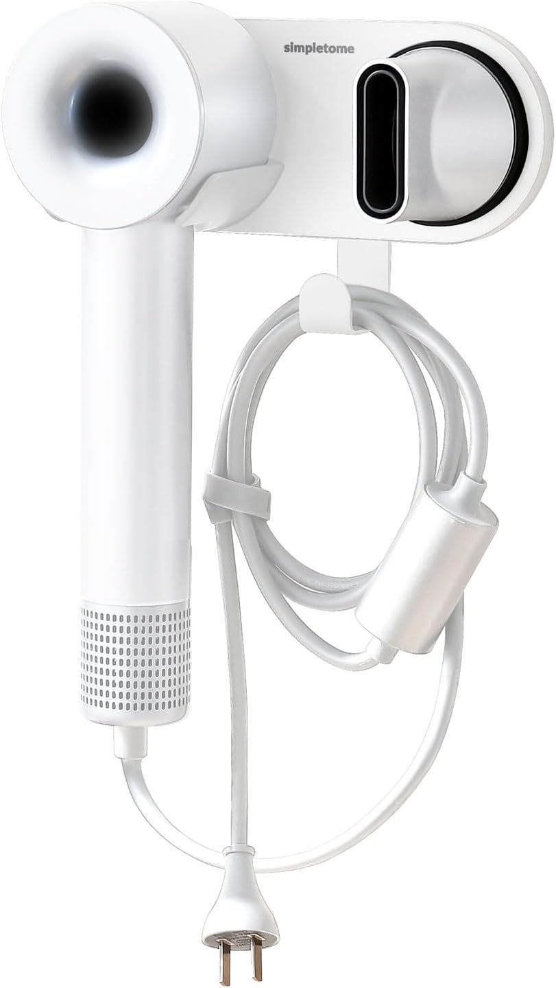 simpletome Hair Dryer Holder Wall Mount for All Magnetic High Speed Blow Dryer with Plug Cord Organizer Hook (ABS Plastic, White)
