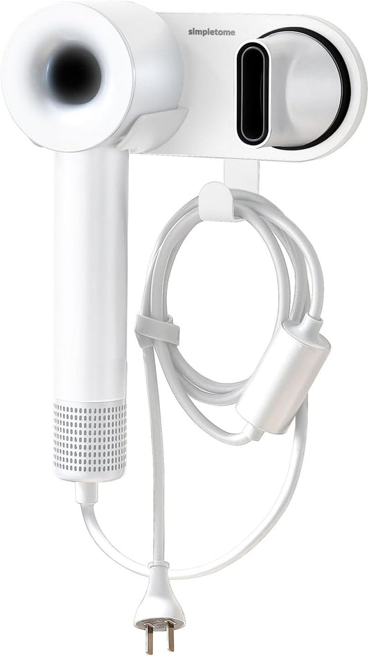 simpletome Hair Dryer Holder Wall Mount for All Magnetic High Speed Blow Dryer with Plug Cord Organizer Hook (ABS Plastic, White)