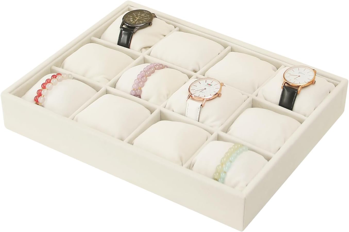 Coward Beige Velvet Watch Bangle Organizer Tray, Velvet 12 Grids Tray for Watches Bracelets Jade Bangle Holder Selling Show