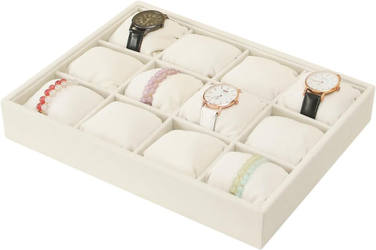 Coward Beige Velvet Watch Bangle Organizer Tray, Velvet 12 Grids Tray for Watches Bracelets Jade Bangle Holder Selling Show