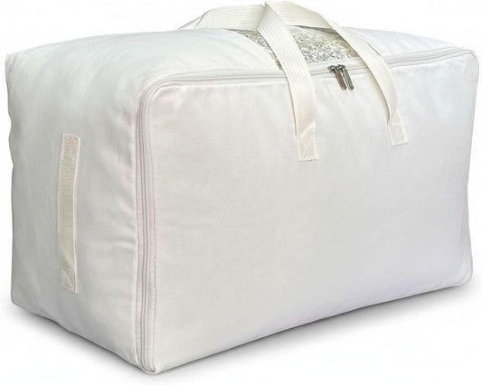 Soft Large Canvas Comforter Storage Bags with Four Carrying Handles and Clear Window, Closet Organizer for Clothing, Blankets Sheets Pillows and Bedding, 80L, White