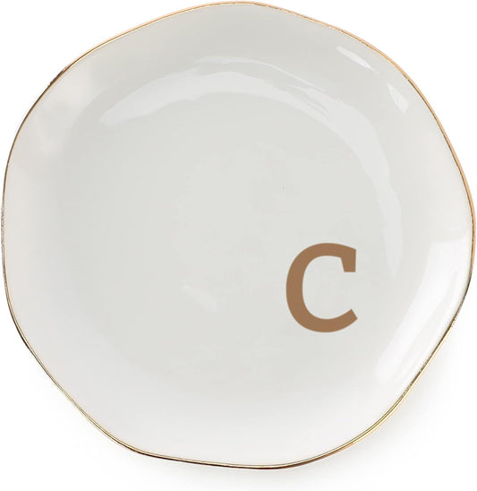 Initials Ring Dish Jewery Tray with personalized C-Monogrammed Gifts Wedding Engagement for Women Friends sister,Ceramic White