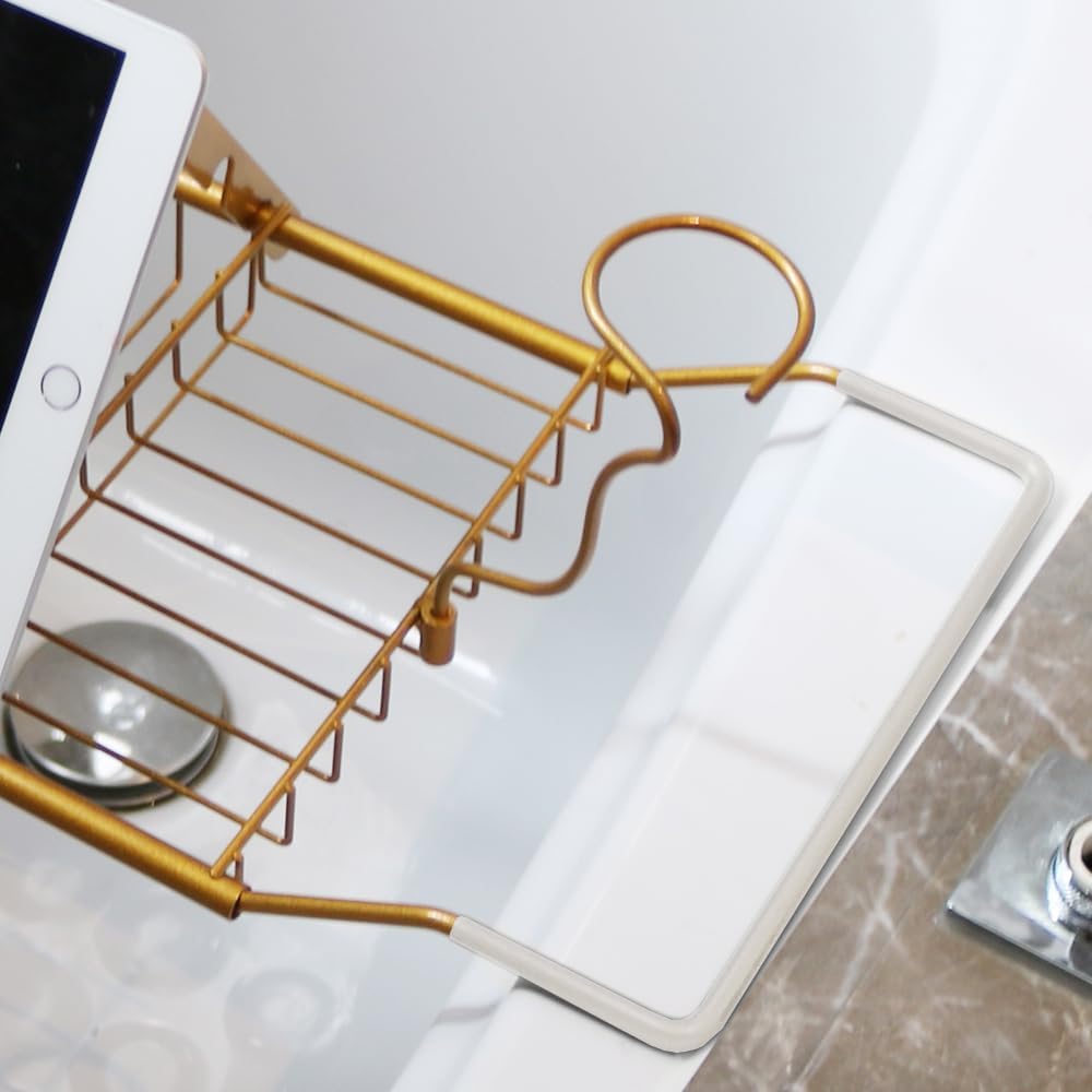 BESTHLS Bathtub Tray Caddy for Luxury Bath Expandable Extra Wide Bath Tub Tray with Wine Glass Holder & Soap Accessaries Holder & Laptop Reading and Organizer Ideal for Home Spa Lover (Copper)